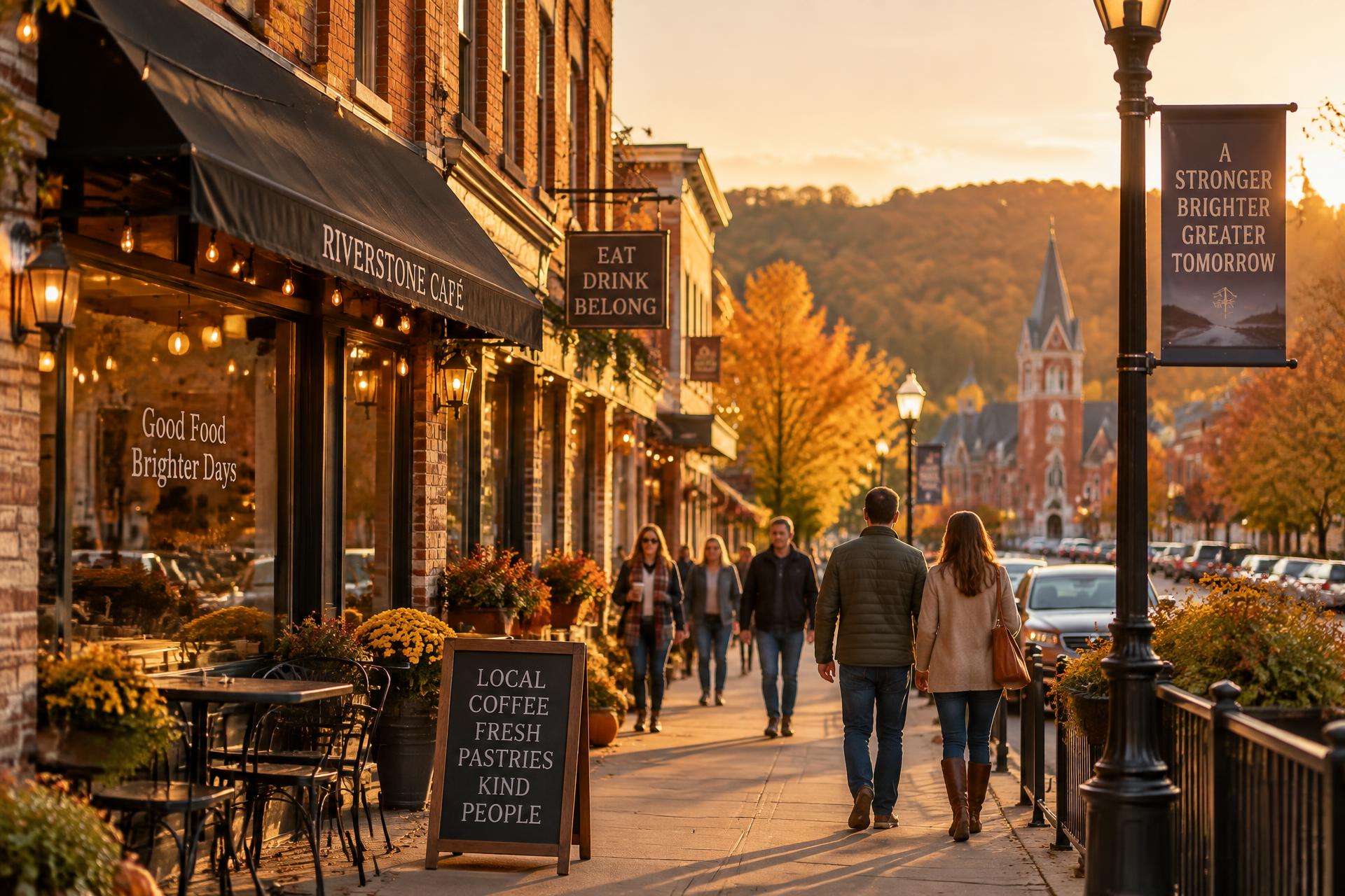 A local main street at golden hour in western Pennsylvania